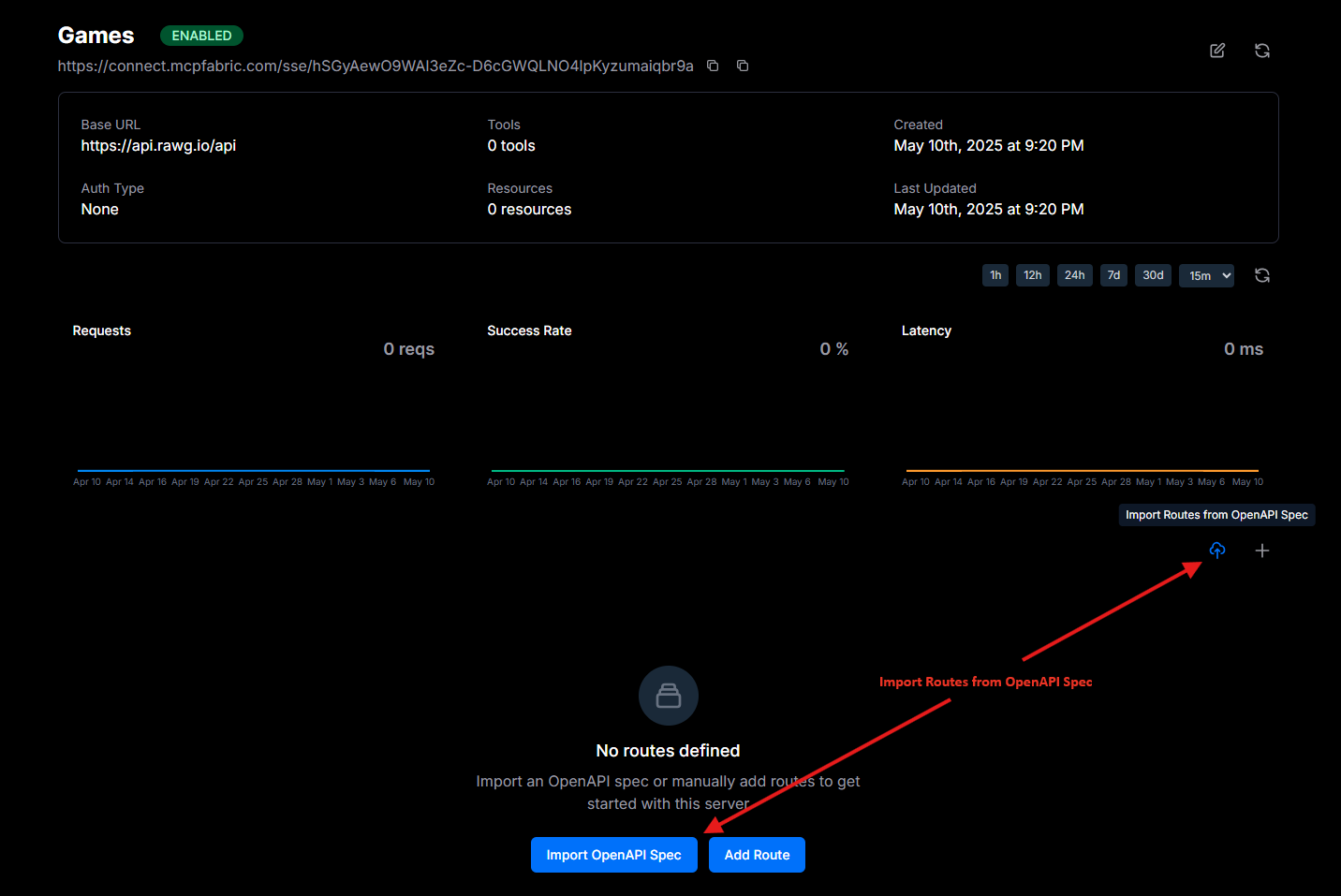 MCP Fabric OpenAPI Spec Route Import Buttons