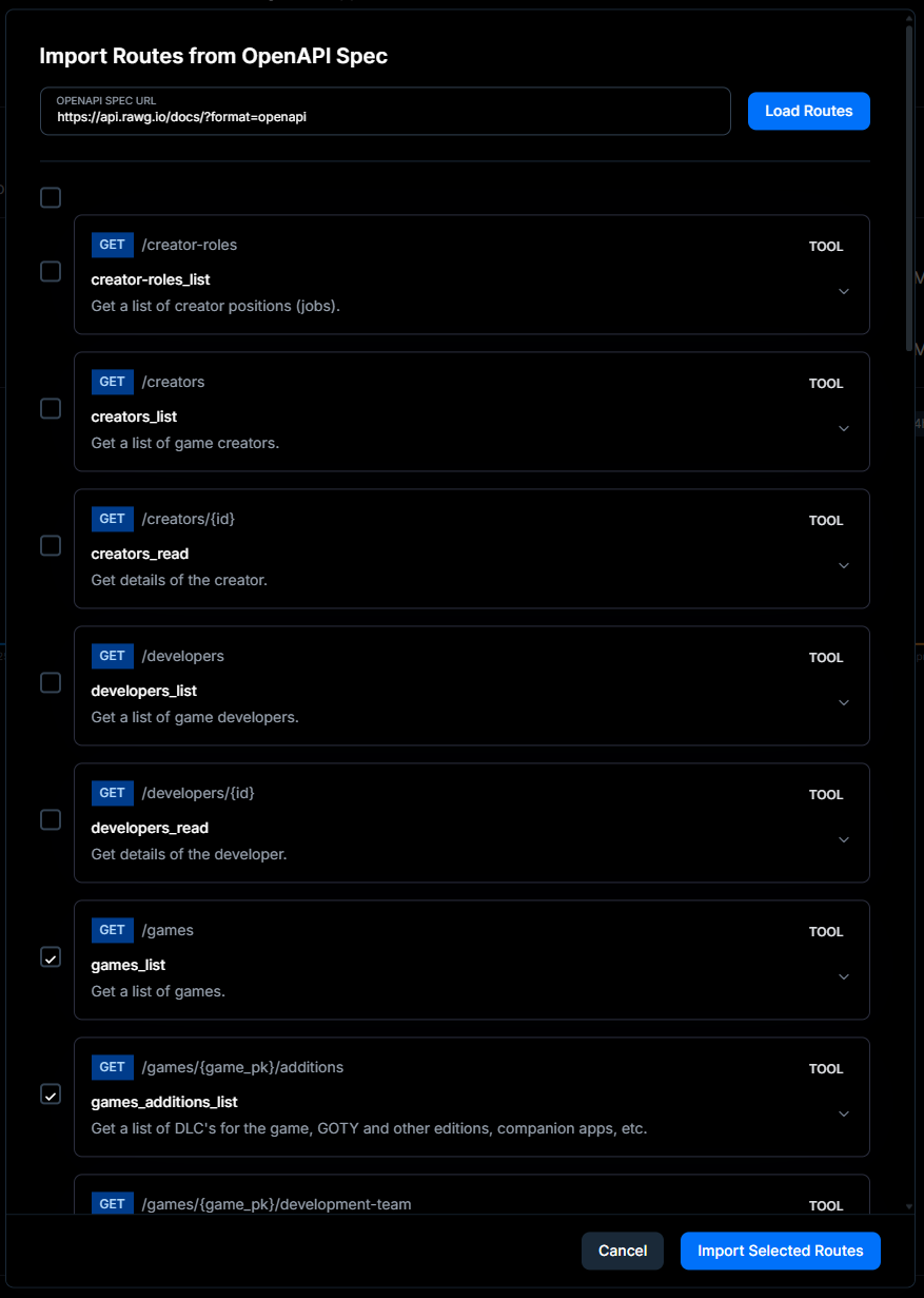 MCP Fabric OpenAPI Spec Route Import Modal